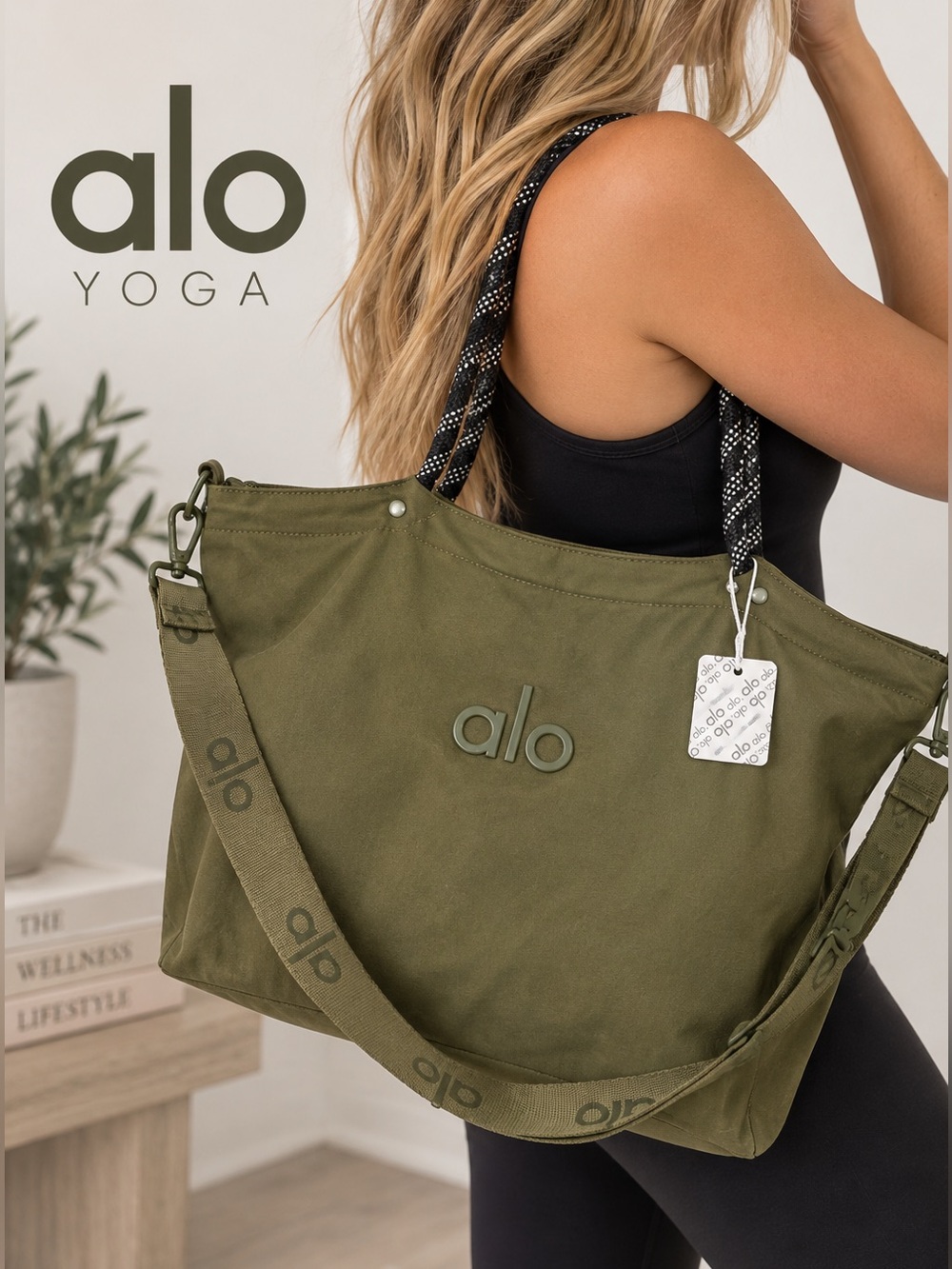 ALO Yoga Olive Green Tote Bag Rope Handle Shoulder Strap NWT